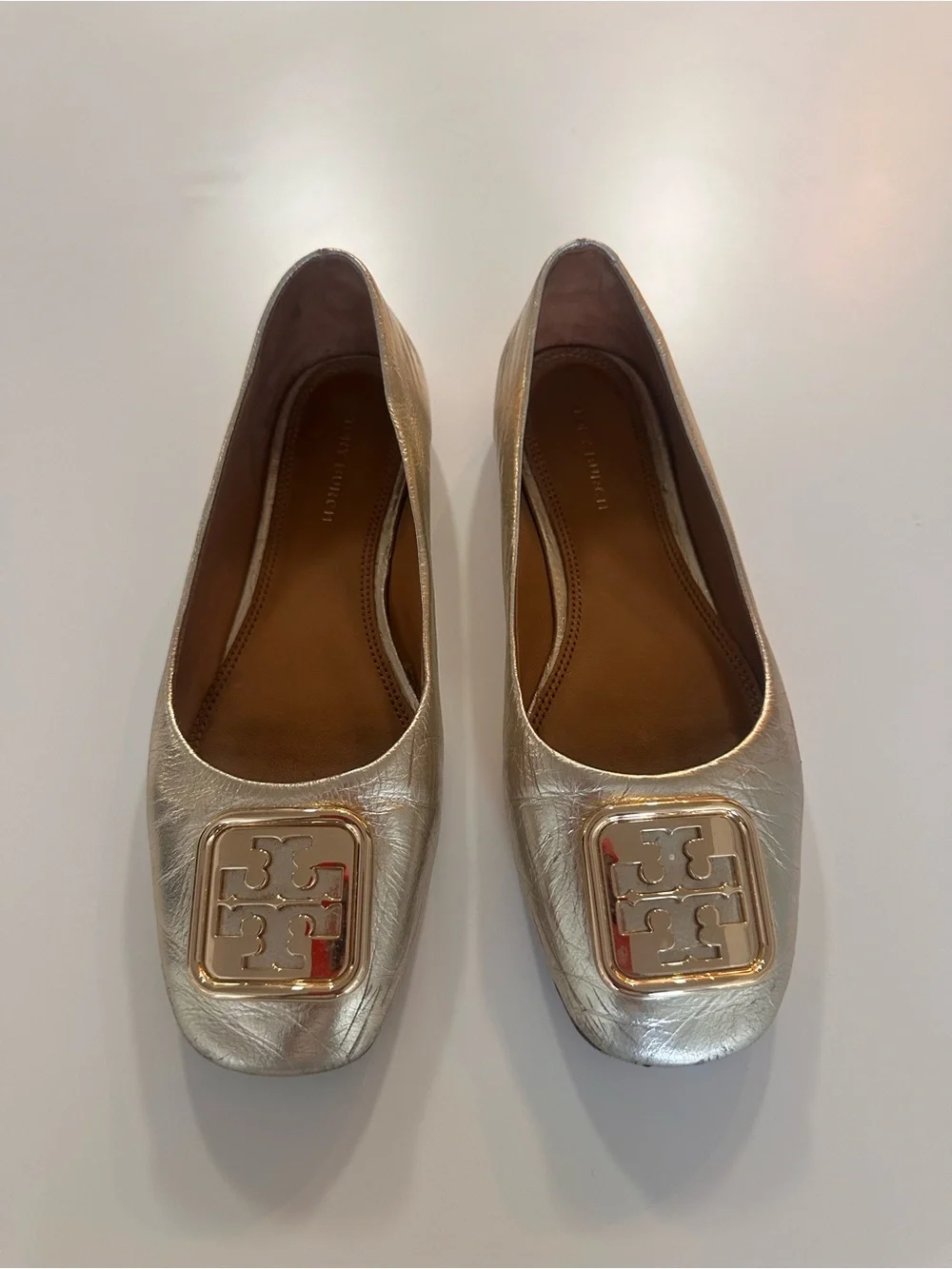 Tory Burch Metallic Silver Logo Square-Toe Flats